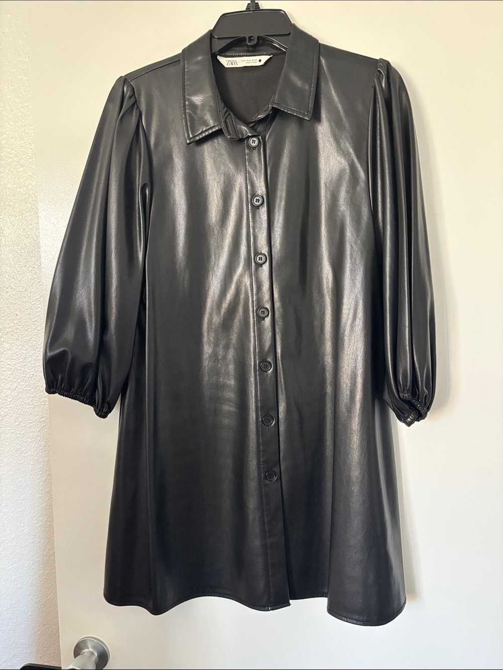Zara Black Faux Leather Button-Front Shirt Dress